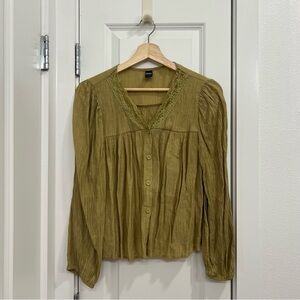 Green Smocked Blouse with Lace Front Detail